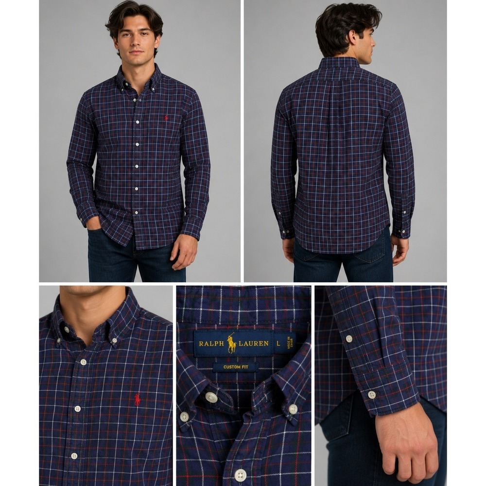 Ralph Lauren Custom Fit Plaid Button‎ Down Flannel Red Green Blue Men's Size L